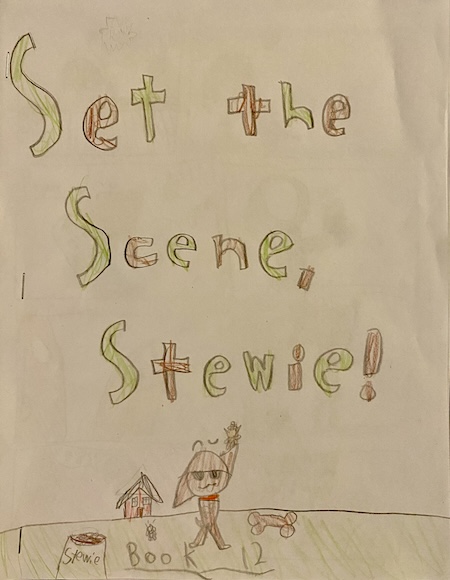 Colorful book cover with the words Set the Scene Stewie! and drawing of a small dog.