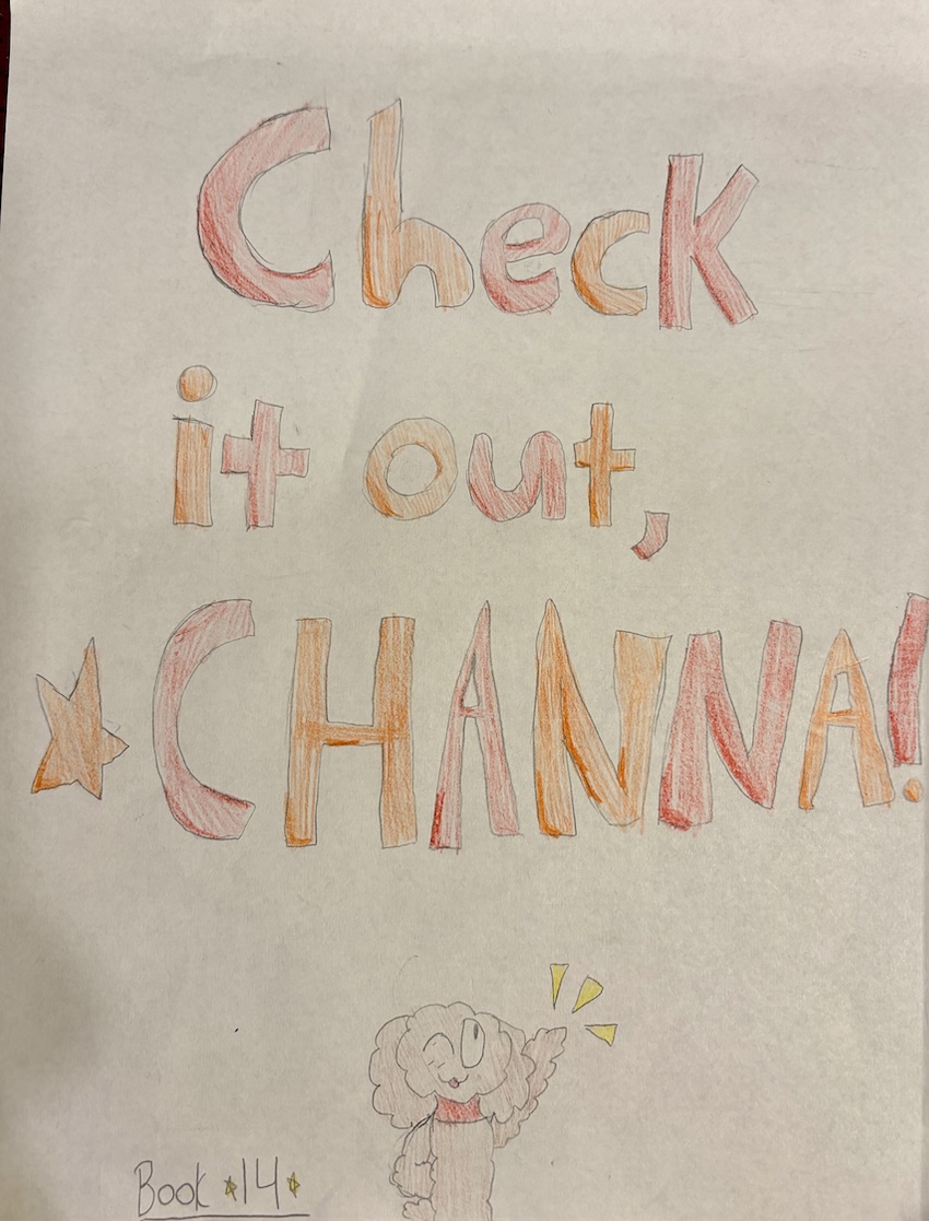 Colorful book cover with the words Check it out Channa! and drawing of a dog.